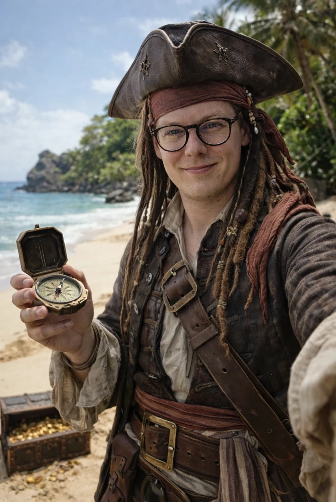 Henry Müller mit Kompass am Strand