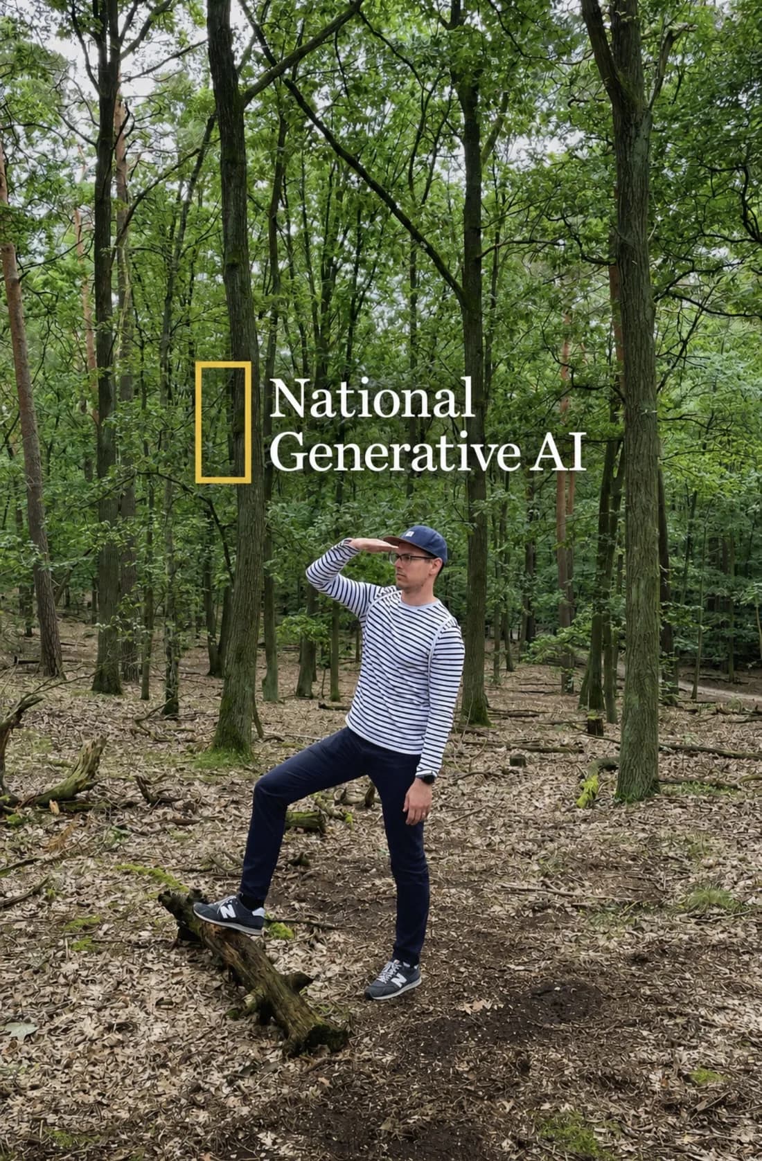 Henry Müller hält im Wald unter dem Schriftzug National Generative AI Ausschau