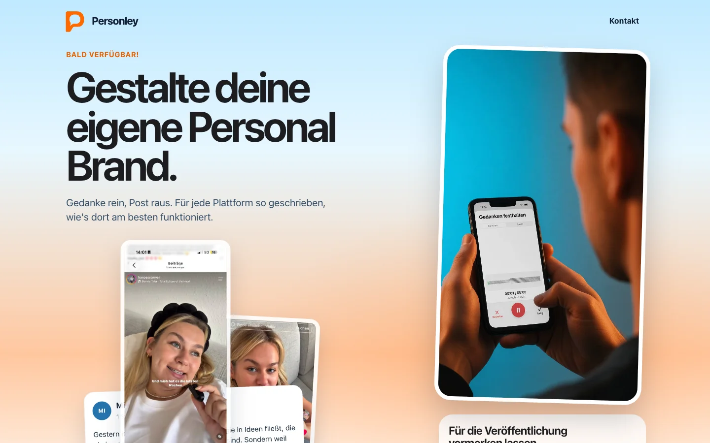 Personley-Hauptseite mit dem Einstieg in die Social-Media-App
